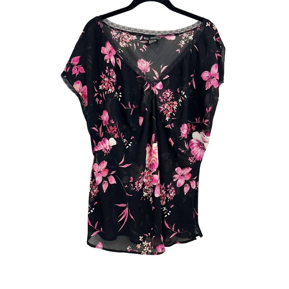 Vintage Y2K Black & Pink Floral‎ Sheer Lace Trim V-Neck Top 90s Fairy Size 2X